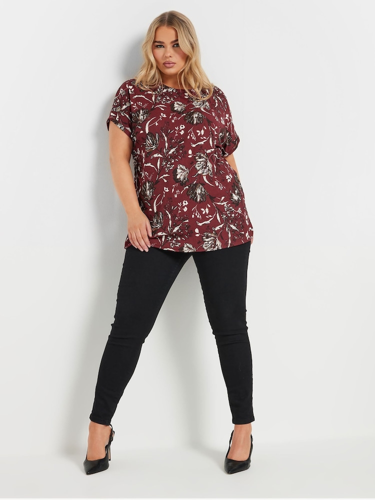 Yours Curve Red Leaf Print Eyelet Top - Image 2 of 5