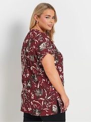 Yours Curve Red Leaf Print Eyelet Top - Image 3 of 5