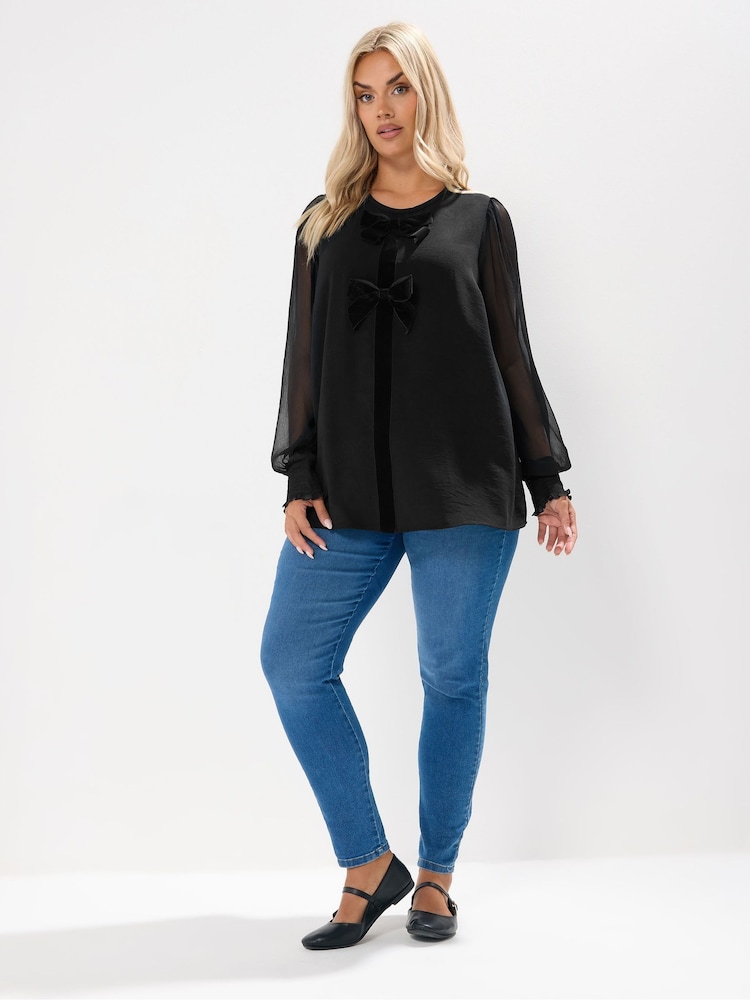 Yours Curve Black Bow Blouse - Image 2 of 5