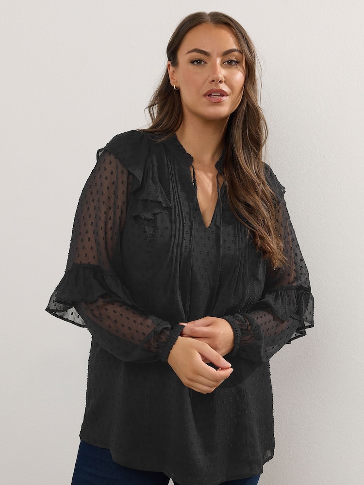 Yours Curve Black Dobby Ruffle Blouse - Image 2 of 6