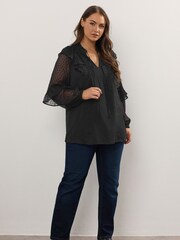 Yours Curve Black Dobby Ruffle Blouse - Image 3 of 6