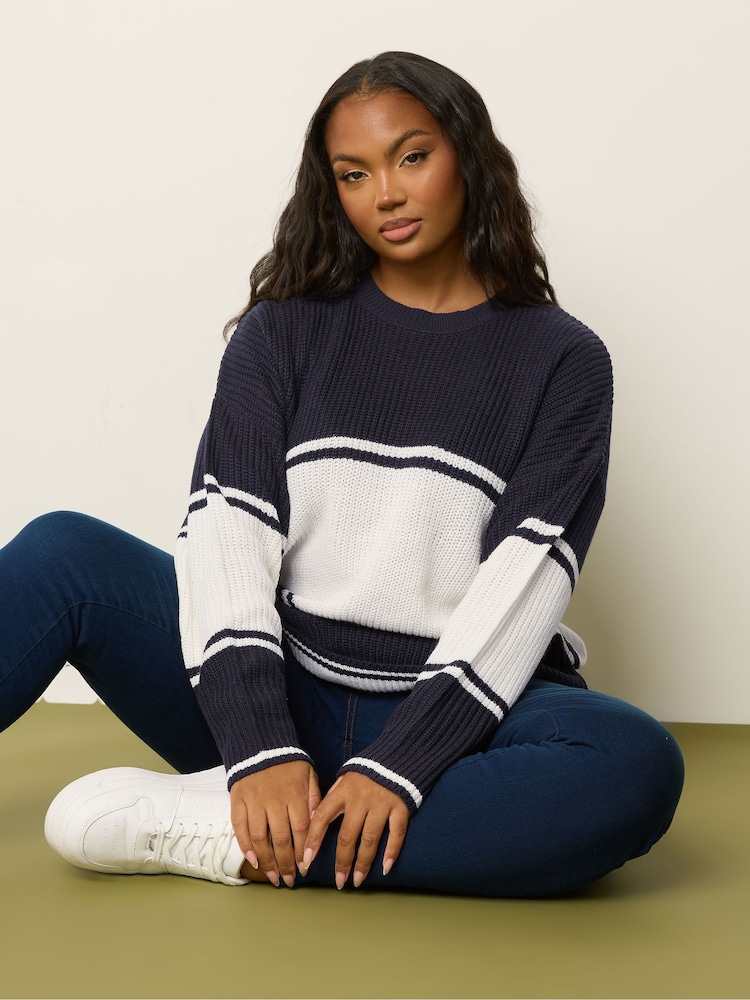 Yours Curve Blue Drop Shoulder Stripe Jumper - Image 1 of 6