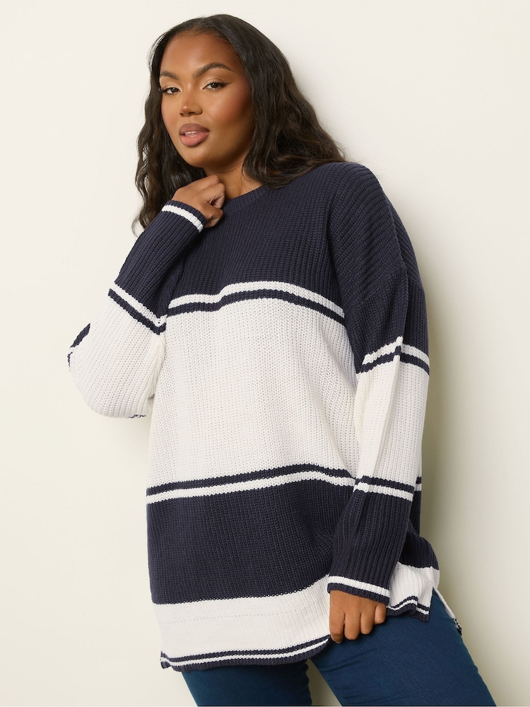 Yours Curve Blue Drop Shoulder Stripe Jumper - Image 2 of 6