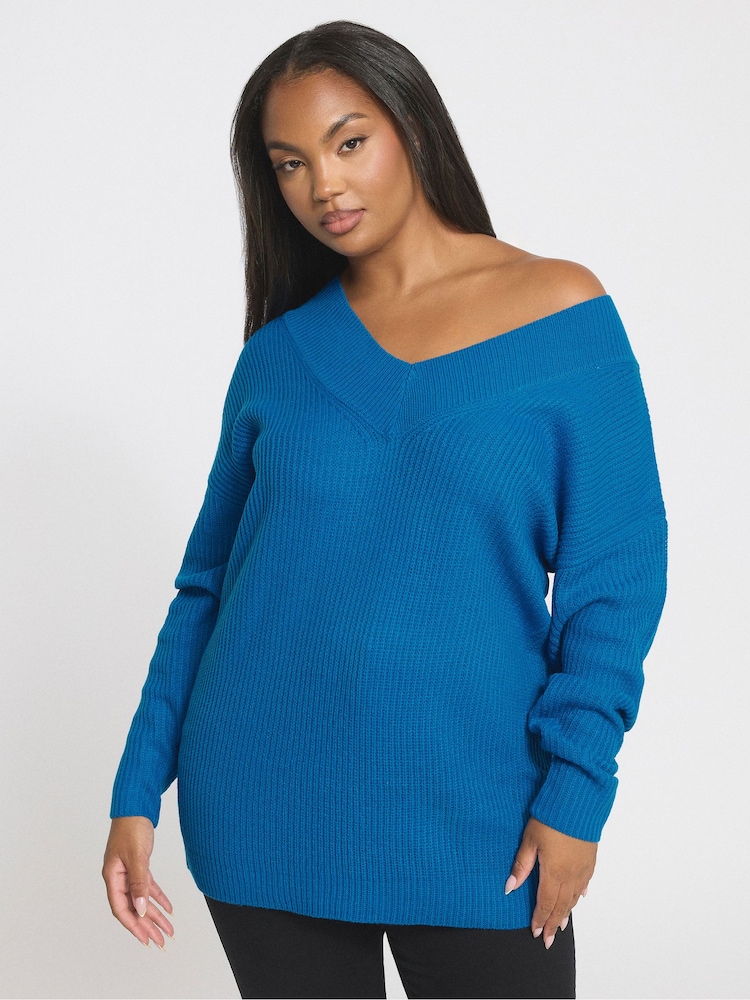 Yours Curve Blue Double V Jumper - Image 1 of 5