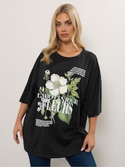 Yours Curve Black Placement Boxy T-Shirt - Image 1 of 2