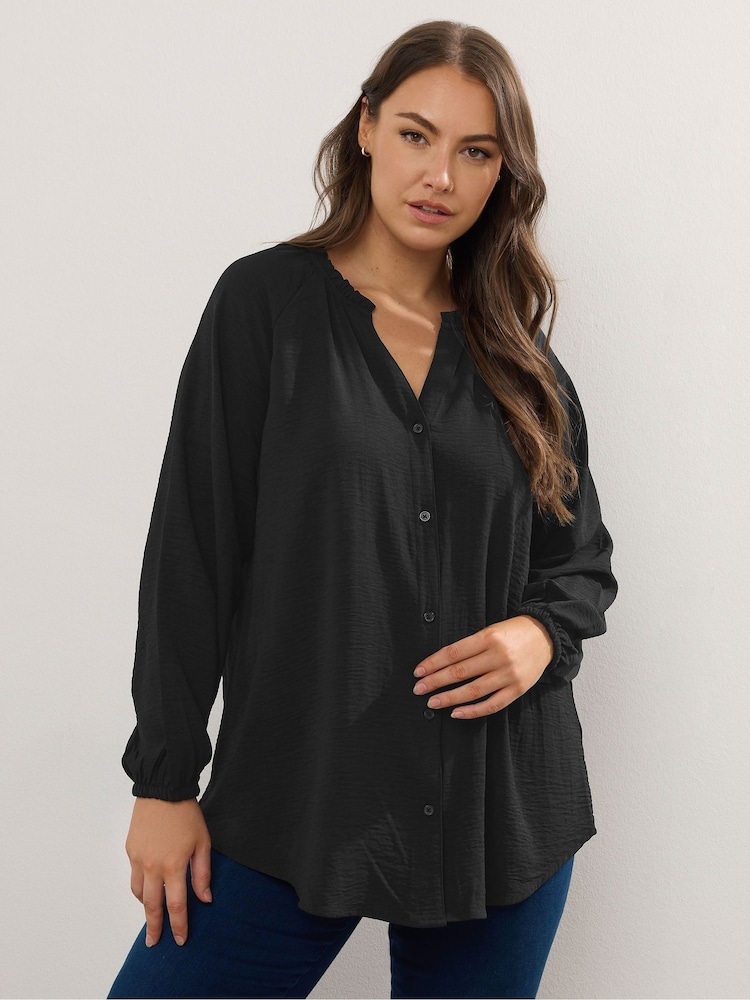 Yours Curve Black Frill Neck Blouse - Image 1 of 5