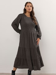 Yours Curve Brown Seersucker Maxi Tiered Dress - Image 1 of 5