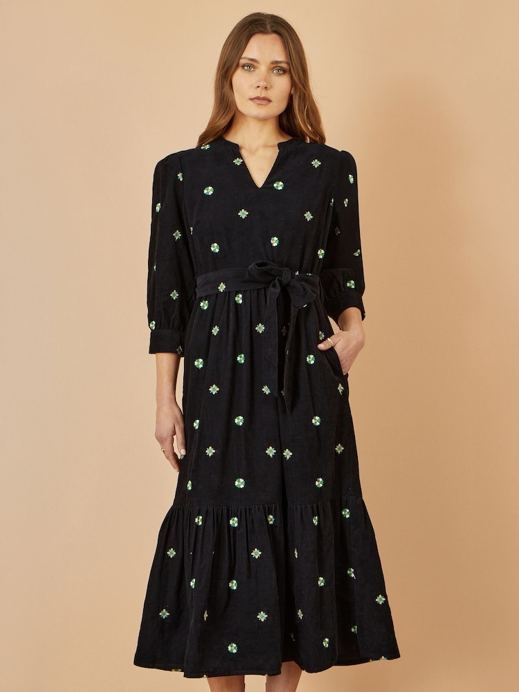 Yumi Black Flower Embroidery Midi Cord Dress - Image 1 of 4