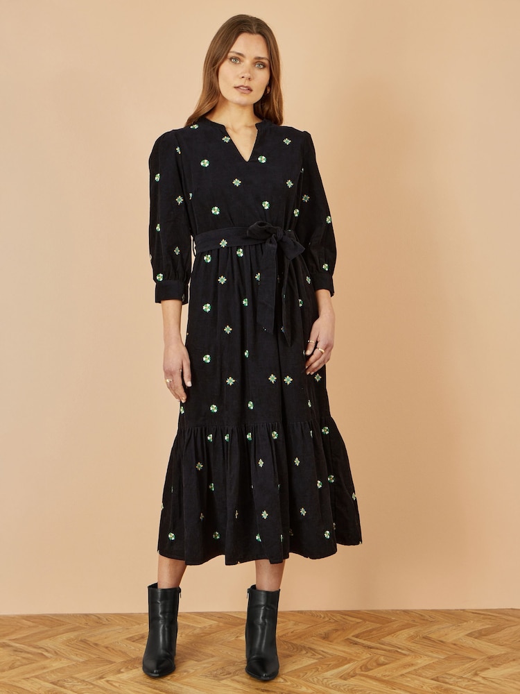 Yumi Black Flower Embroidery Midi Cord Dress - Image 2 of 4 Yumi Black Flower Embroidery Midi Cord Dress - Image 2 of 4