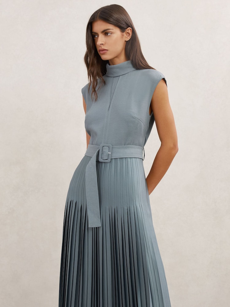 Reiss Blue Ania Roll-Neck Belted Pleated Midi Dress - Image 1 of 6 Reiss Blue Ania Roll-Neck Belted Pleated Midi Dress - Image 1 of 6