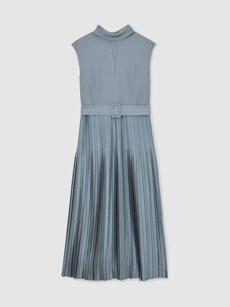 Reiss Blue Ania Roll-Neck Belted Pleated Midi Dress - Image 2 of 6 Reiss Blue Ania Roll-Neck Belted Pleated Midi Dress - Image 2 of 6