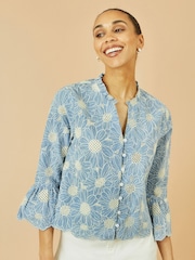 Yumi Blue Daisy Broderie Shirt With Fluted Sleeves - Image 1 of 5