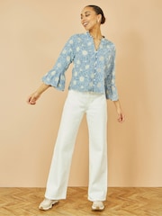 Yumi Blue Daisy Broderie Shirt With Fluted Sleeves - Image 2 of 5