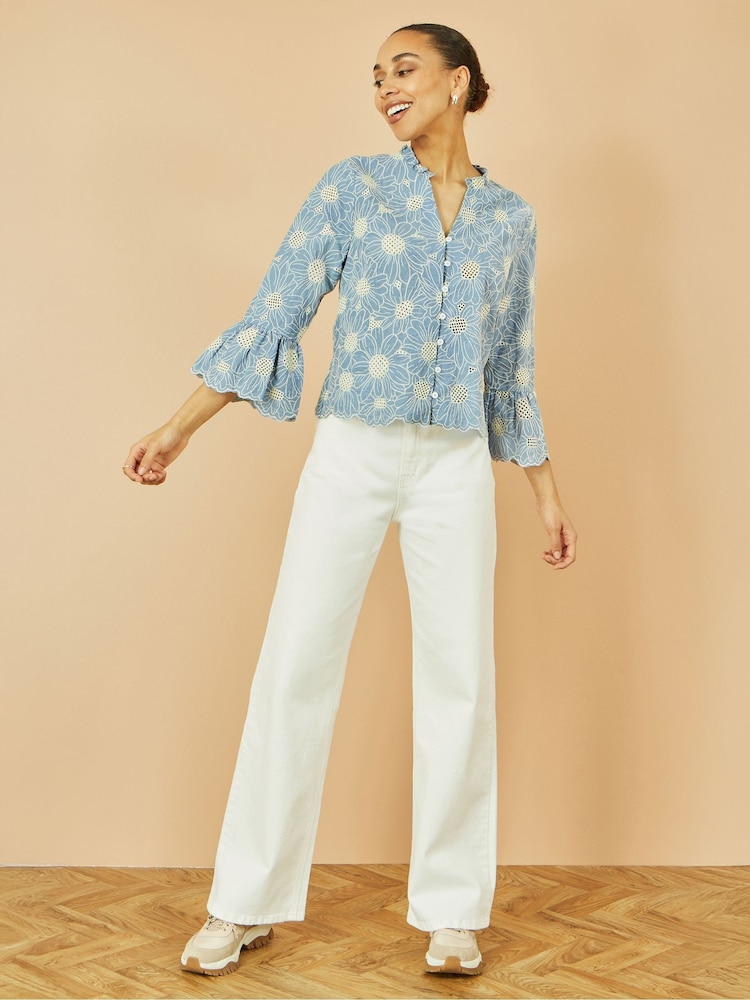 Yumi Blue Daisy Broderie Shirt With Fluted Sleeves - Image 2 of 5