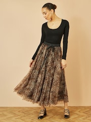 Yumi Brown Mesh Heart Print Tulle Skirt - Image 1 of 5