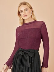 Yumi Red Shimmer Print Mesh Stretch Fitted Top - Image 1 of 4