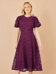 Yumi Red Stretch Lace Puff Sleeve Midi Dress - Image 1 of 4
