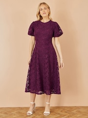 Yumi Red Stretch Lace Puff Sleeve Midi Dress - Image 2 of 4