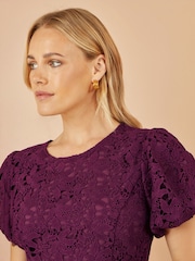 Yumi Red Stretch Lace Puff Sleeve Midi Dress - Image 3 of 4