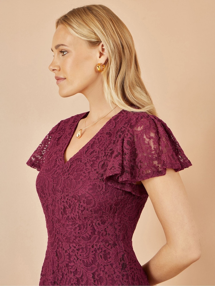 Yumi Burgundy Stretch Lace Puff Sleeve Midi Dress - Burgundy / 14