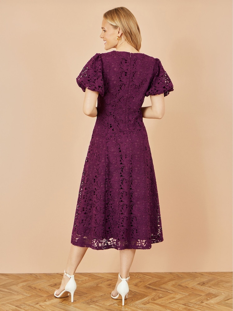Yumi Red Stretch Lace Puff Sleeve Midi Dress - Image 4 of 4