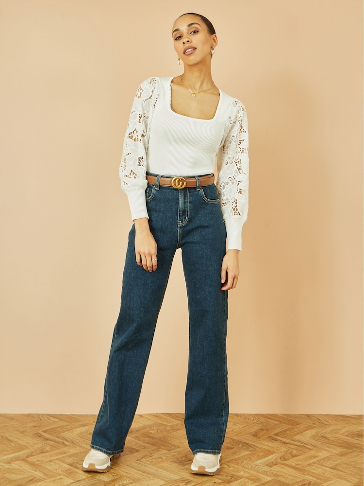 Yumi White Ribbed Knitted Top With Lace Sleeves - Image 1 of 4 Yumi White Ribbed Knitted Top With Lace Sleeves - Image 1 of 4