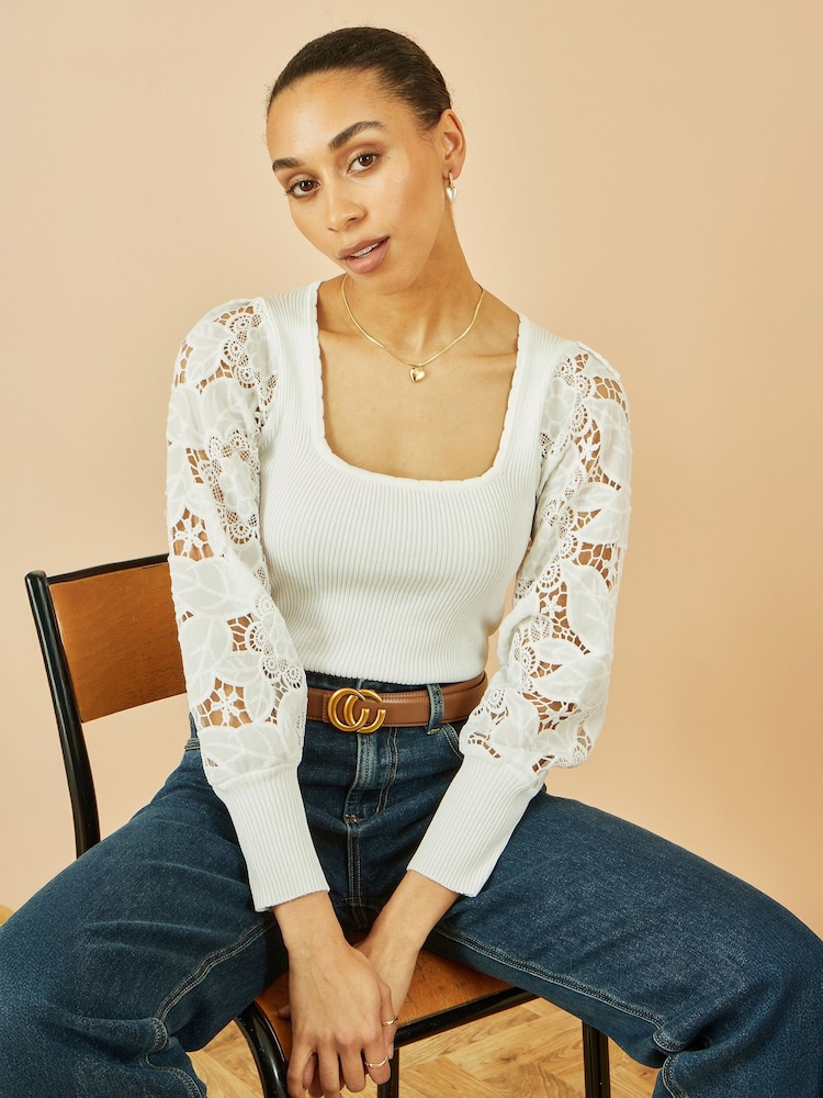 Yumi White Ribbed Knitted Top With Lace Sleeves - Image 2 of 4 Yumi White Ribbed Knitted Top With Lace Sleeves - Image 2 of 4