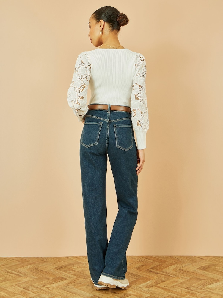 Yumi White Ribbed Knitted Top With Lace Sleeves - Image 4 of 4 Yumi White Ribbed Knitted Top With Lace Sleeves - Image 4 of 4