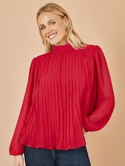 Yumi Red Pleated Long Sleeve Top With High Neck - Image 1 of 5