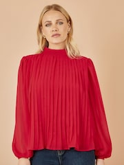 Yumi Red Pleated Long Sleeve Top With High Neck - Image 2 of 5