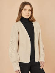 Yumi Cream Edge to Edge Cardigan With Flower Detail Sleeves - Image 1 of 5