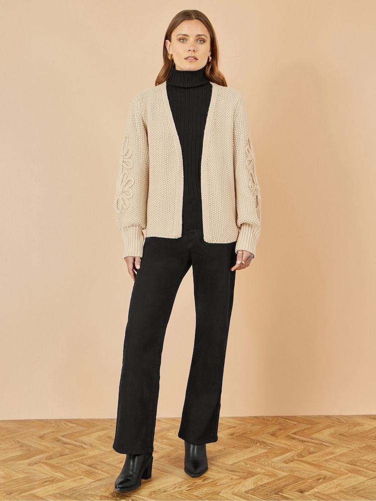Yumi Cream Edge to Edge Cardigan With Flower Detail Sleeves - Image 2 of 5
