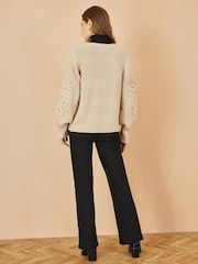Yumi Cream Edge to Edge Cardigan With Flower Detail Sleeves - Image 4 of 5