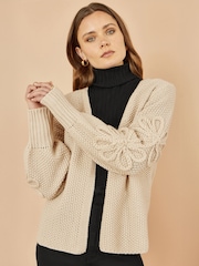 Yumi Cream Edge to Edge Cardigan With Flower Detail Sleeves - Image 5 of 5