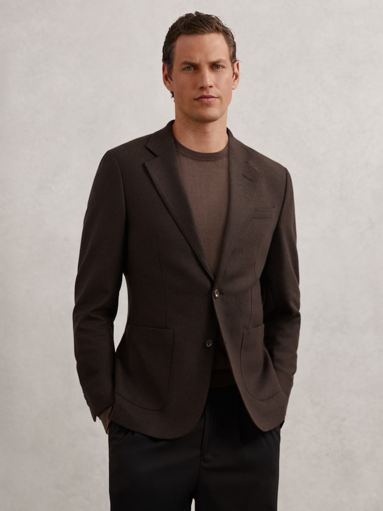 Reiss Chocolate Brown Carson Flannel Slim-Fit Single-Breasted Blazer with Wool - Image 1 of 8