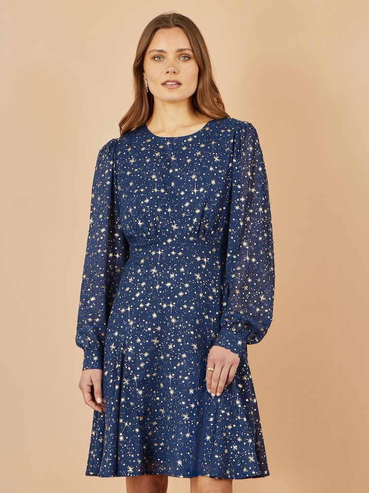 Yumi Blue Star Print Foil Long Sleeve Dress - Image 1 of 5 Yumi Blue Star Print Foil Long Sleeve Dress - Image 1 of 5