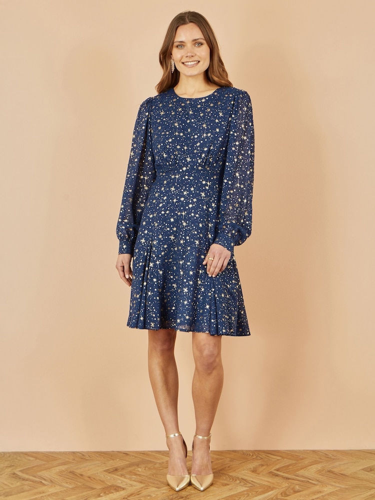 Yumi Blue Star Print Foil Long Sleeve Dress - Image 2 of 5
