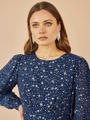 Yumi Blue Star Print Foil Long Sleeve Dress - Image 3 of 5