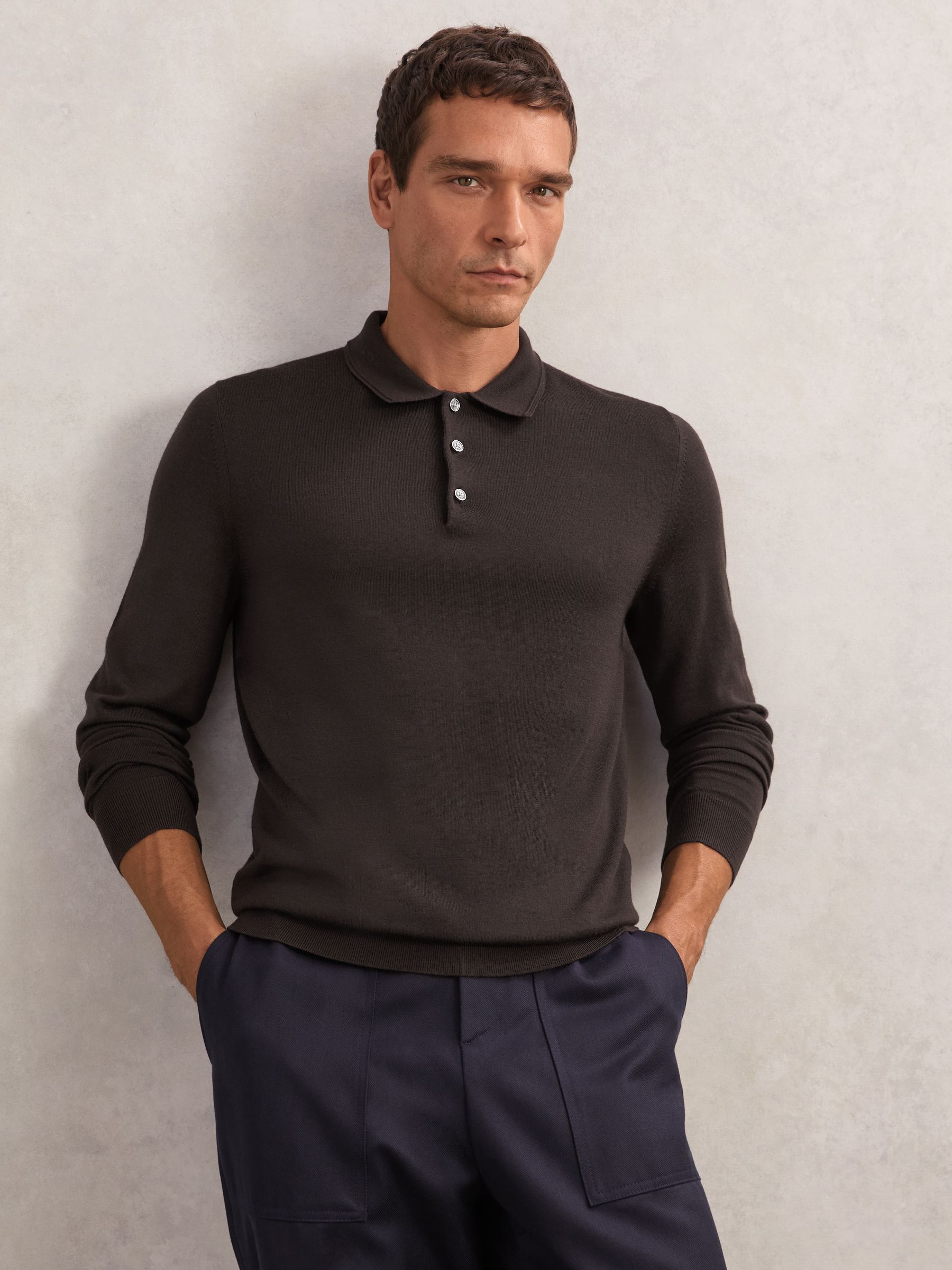REISS REISS CHOCOLATE BROWN TRAFFORD MERINO WOOL LONG-SLEEVE POLO SHIRT