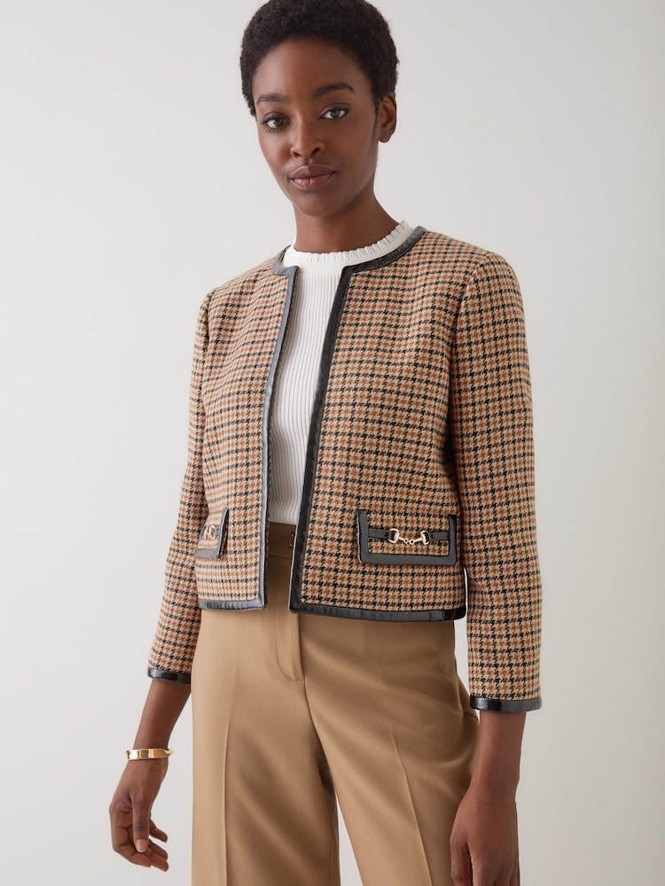 LK Bennett Brown Zisou Check Print Mini Check Jacket - Image 2 of 3 LK Bennett Brown Zisou Check Print Mini Check Jacket - Image 2 of 3