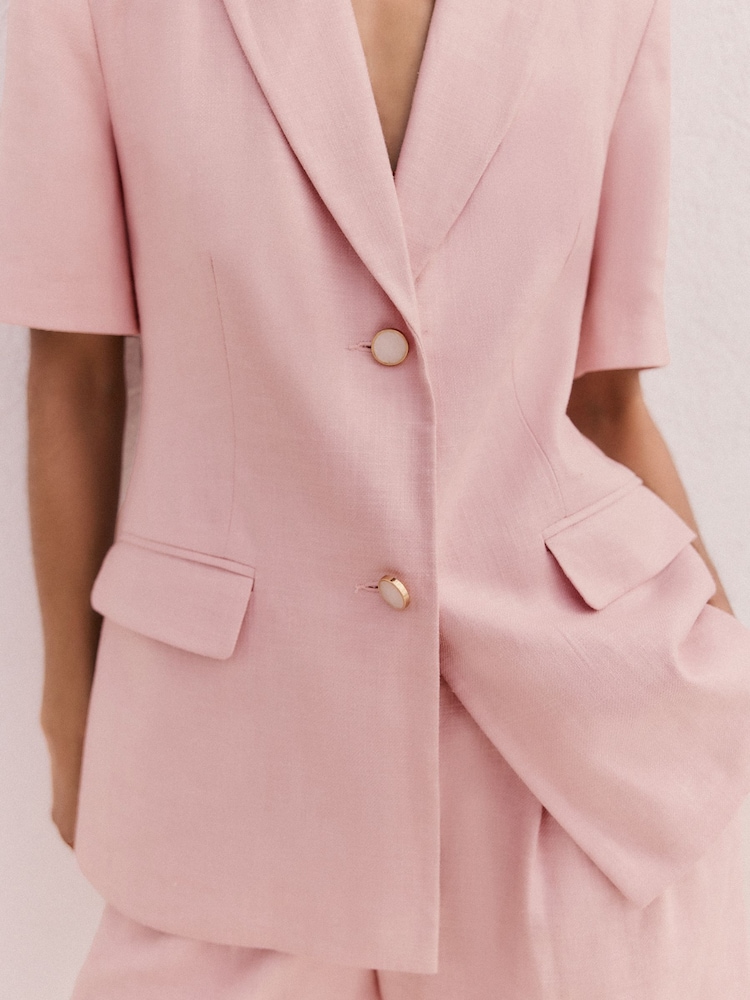Friends Like These Pink Premium Tailored Linen Rich Short Sleeve Blazer - Image 2 of 4