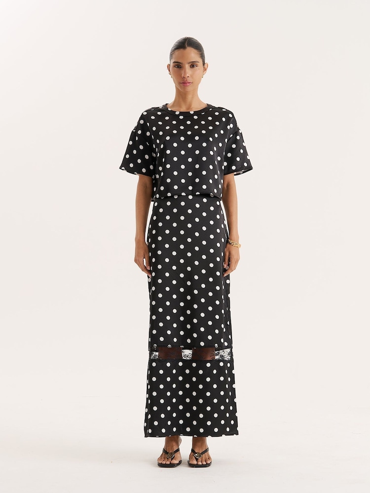 4th & Reckless Black Polka Dot Print Satin Lace Detail Maxi Skirt - Image 1 of 6