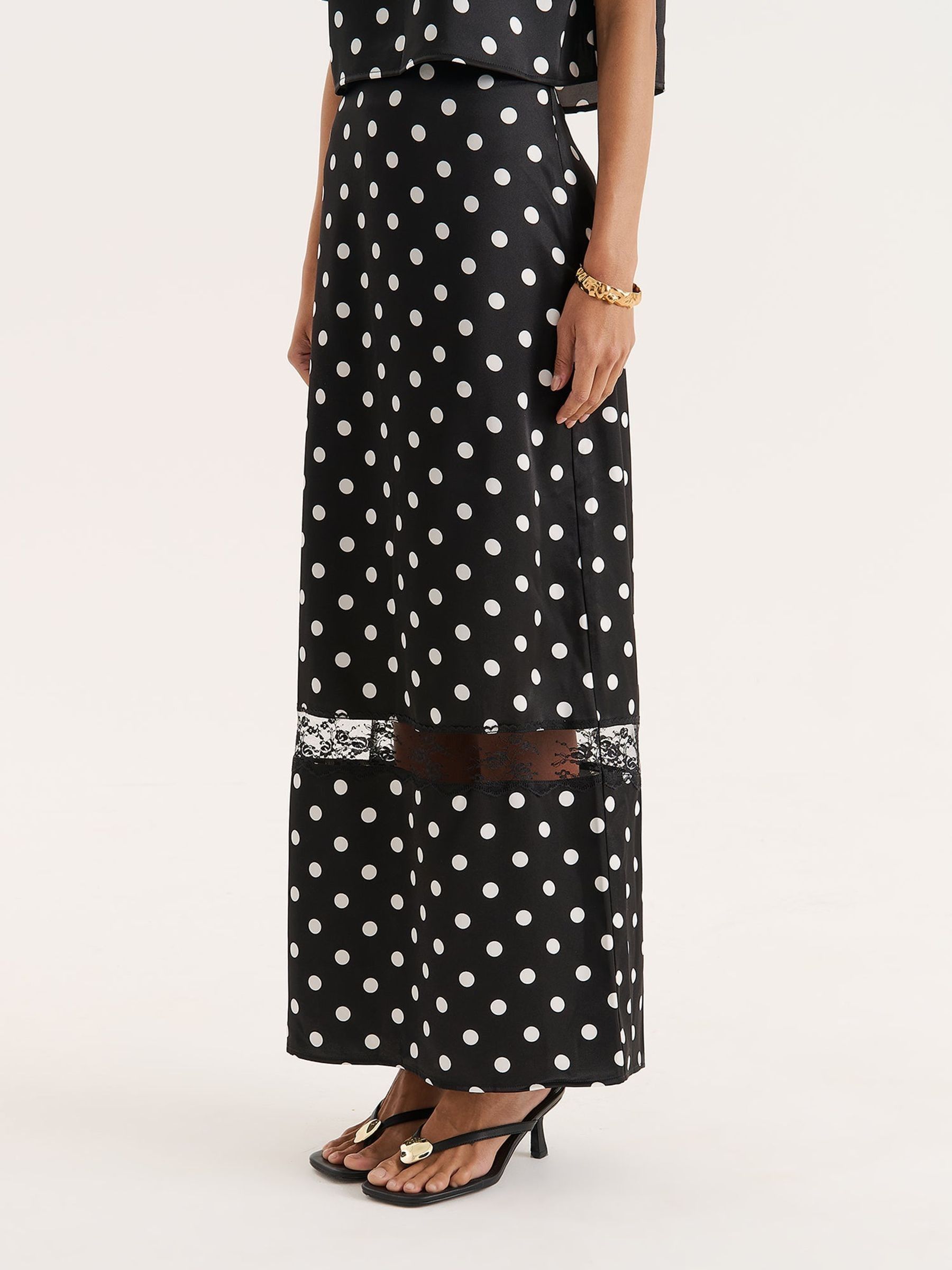 Buy 4th & Reckless Black Polka Dot Print Satin Lace Detail Maxi