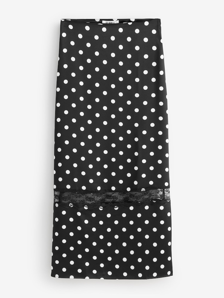 4th & Reckless Black Polka Dot Print Satin Lace Detail Maxi Skirt - Image 6 of 6
