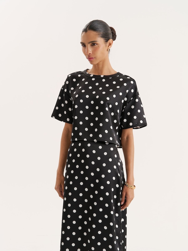 4th & Reckless Black Oversized Polka Dot Print Satin Cropped Top - Image 1 of 6