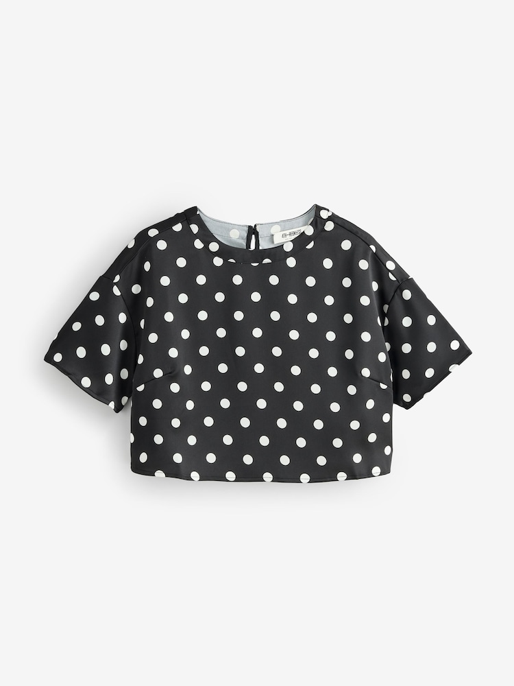 4th & Reckless Black Oversized Polka Dot Print Satin Cropped Top - Image 6 of 6