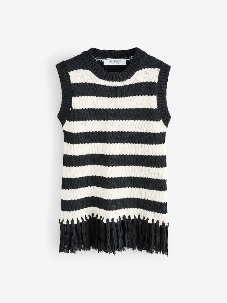 4th & Reckless Cream Striped Sleeveless Knitted Tassel Trim Top - Image 6 of 6