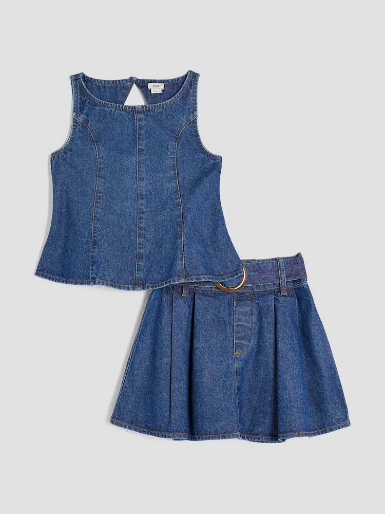 River Island Blue Girls Denim Peplum Top and Skirt Set - Image 1 of 5 River Island Blue Girls Denim Peplum Top and Skirt Set - Image 1 of 5
