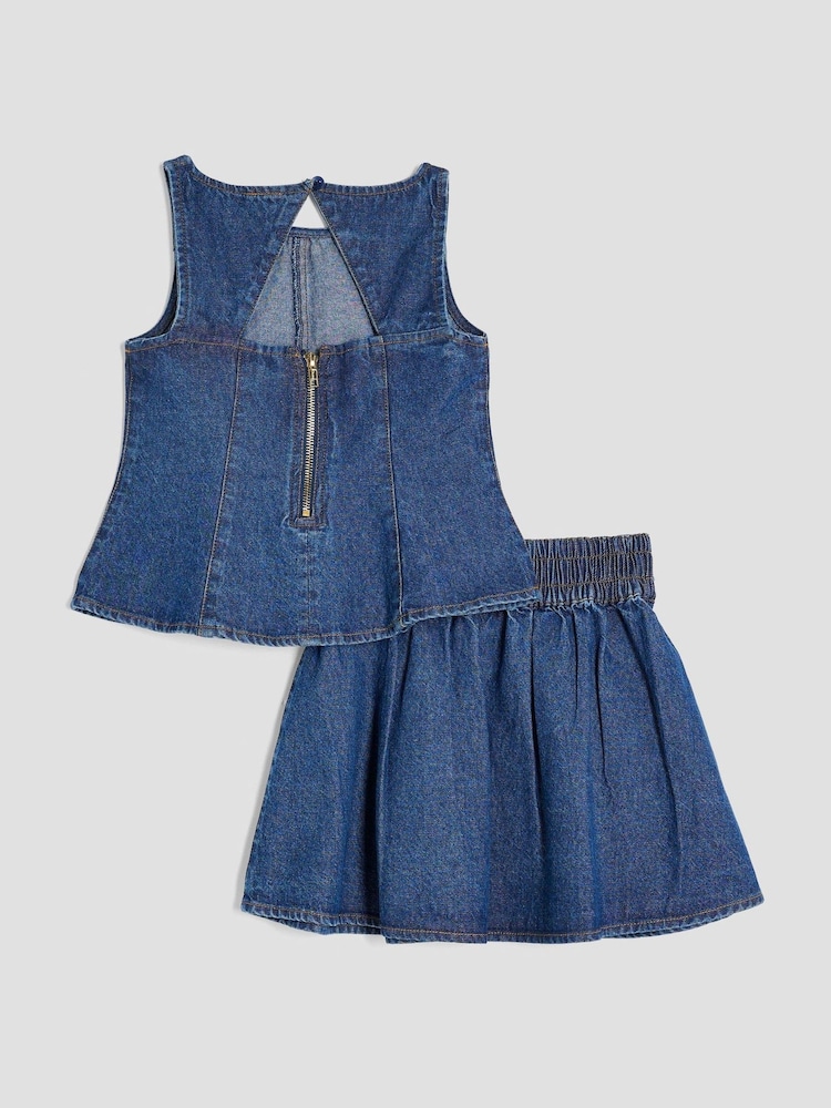 River Island Blue Girls Denim Peplum Top and Skirt Set - Image 2 of 5 River Island Blue Girls Denim Peplum Top and Skirt Set - Image 2 of 5