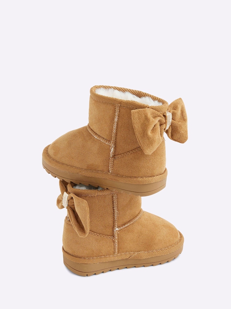 River Island Brown Girls Suedette Bow Fur Lined Boots - Image 5 of 5